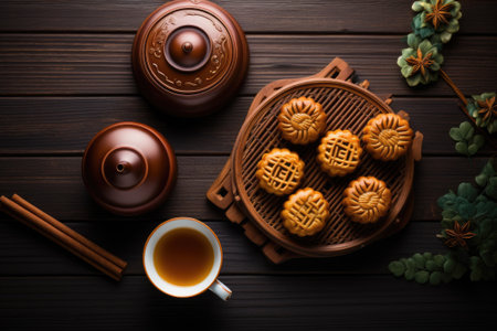 Top view of traditional moon cakes, tea pot and cups on tableの素材