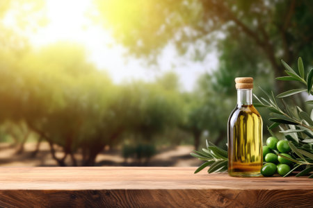 Old wooden product display table with natural green olive field and olive oilの素材