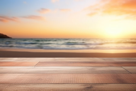 Wooden table top on blurred beach backgroundの素材