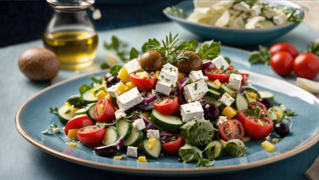Greek salad of fresh cucumber, tomato, sweet pepper, lettuce, red onion, feta cheese and olives with olive oil. Greek healthy foodの素材