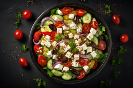Greek salad with feta cheese and olive oil on plate. Greek healthy foodの素材