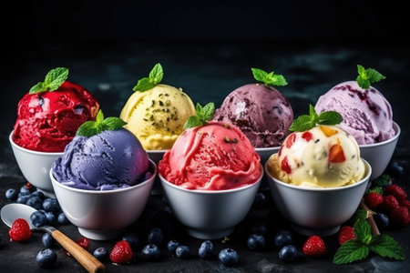 Various of ice cream flavor whit fresh blueberry, strawberry, kiwi, lemon, vanilla setup on rustic background.の素材