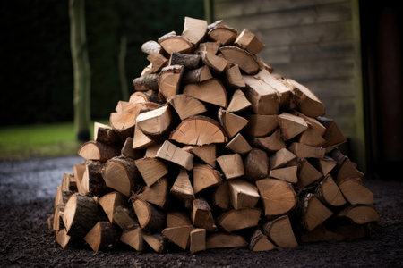 Stacked logs of firewood. Preparation for the heating seasonの素材