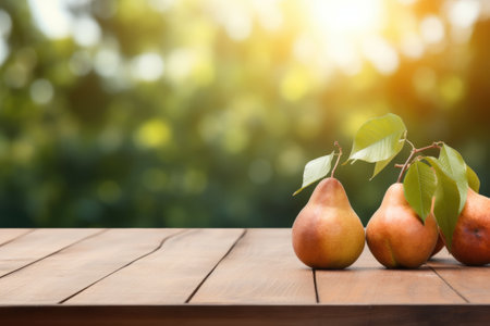 Wooden table top on blurred background of orchard with pearsの素材