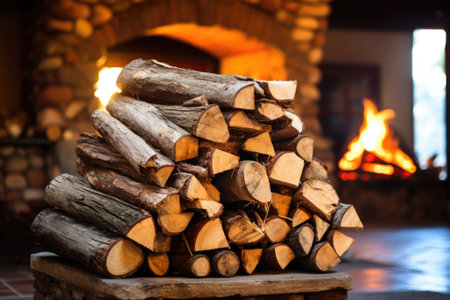 Stacked logs of firewood by the fireplaceの素材