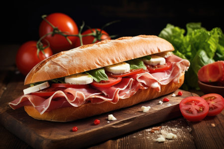 Sandwich with prosciutto, tomato and cheese on a wooden rustic background.の素材