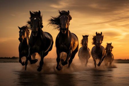 Herd of black horses galloping on the beach at sunsetの素材