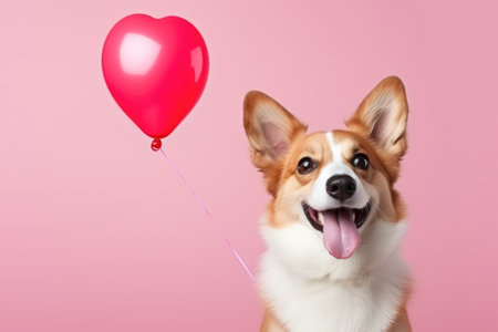 Welsh corgi dog with heart shape balloon. Valentines day concept.の素材