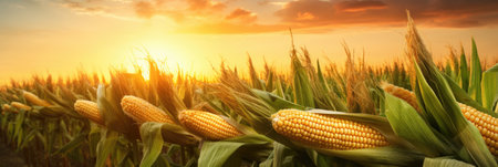 Corn cobs in agriculture field.の素材