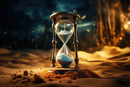Mysterious ancient hourglass in the desert, counting down the remaining timeの素材
