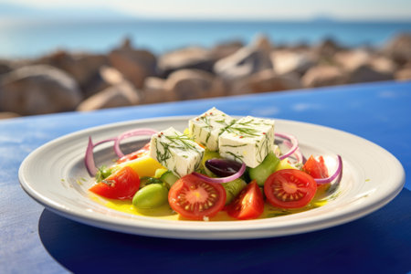 Greek salad with feta cheese and olive oil on plate. Greek healthy foodの素材