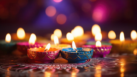 Happy Diwali. Clay Diya lamps during Diwali celebration, Hindu festival of lights celebration.の素材