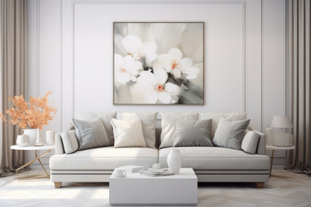Modern white living room design with sofa and furniture with flowers.の素材