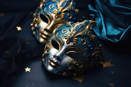 Festive Venetian carnival mask with gold decorations on dark blue background.の素材
