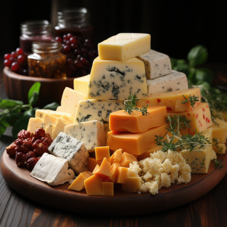 Different types of cheese on a wooden boardの素材