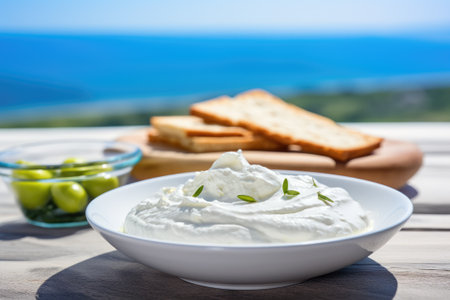 Close up view of tzatziki on Greek table, sea in background.の素材