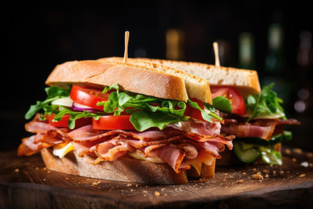 Sandwich with prosciutto, tomato and cheese on a wooden rustic background.の素材