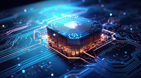 Futuristic neon microprocessor on blue background. Integrated microchipの素材