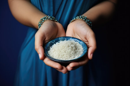 Female hands holding a bowl of riceの素材