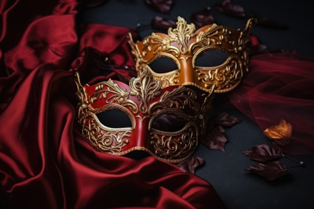 Festive Venetian carnival mask with gold decorations on red background.の素材