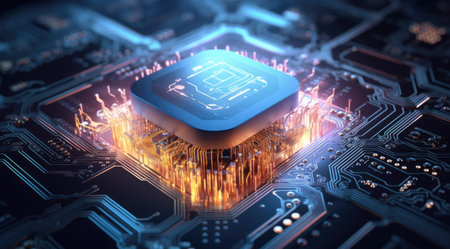 Futuristic neon microprocessor on blue background. Integrated microchipの素材