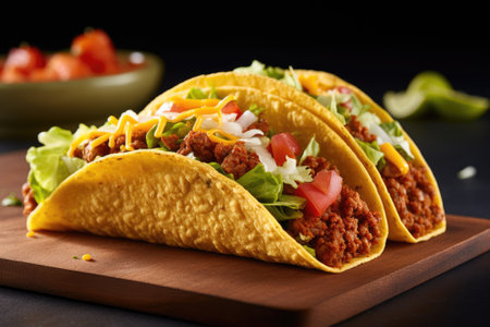 Mexican food. Taco shells with ground beef and homemade salsaの素材