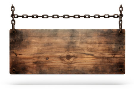 Old wooden sign hanging on a chainの素材