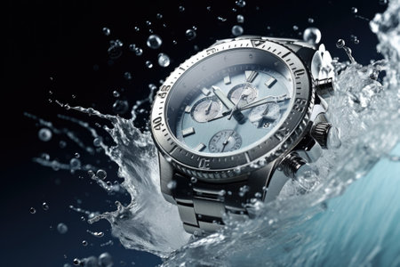 Luxury men's watch with splashing water in the backgroundの素材