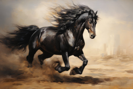 Black Friesian stallion runningの素材