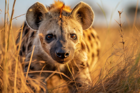 Spotted hyena in dry tall grassの素材