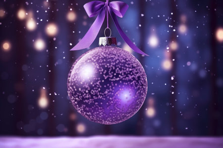 Purple glass christmas ball hanging on ribbons. Home christmas decorationの素材
