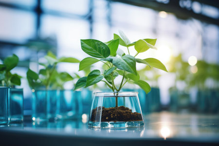 Plant research, green plant in a glass jar in a laboratory. Ecological breeding and plant development.の素材