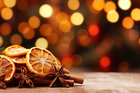 Traditional Christmas spices and dried orange slices on holiday light background. Christmas spices decorationの素材