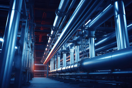 Steel long pipes in crude oil factory. Oil refineriesの素材