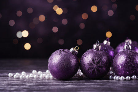 Christmas decorations with purple christmas balls and place for text.の素材