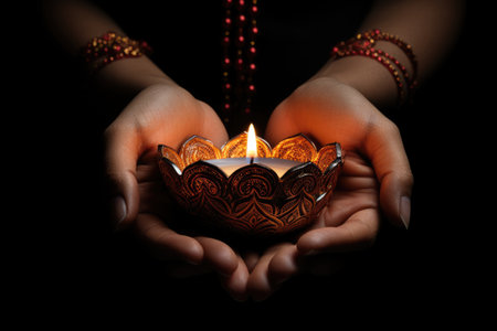 Woman hands with henna holding colorful clay diya lamps lit during diwali celebrationの素材