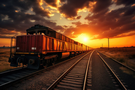 Cargo train at sunset. International train transportの素材