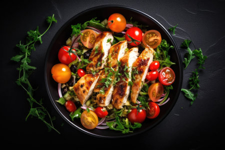 Grilled chicken salad with tomatoes and herbs in a bowlの素材