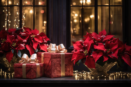 Red poinsettias and gift packages with bows. Christmas decorationsの素材