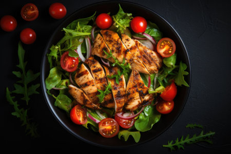 Grilled chicken salad with tomatoes and herbs in a bowlの素材