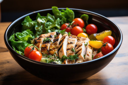 Grilled chicken salad with tomatoes and herbs in a bowlの素材