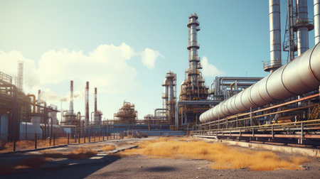 Steel long pipes in crude oil factory. Oil refineriesの素材