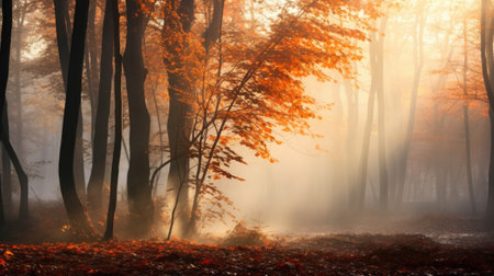 Magic autumn forest with walking path, beautiful autumn landscape.の素材