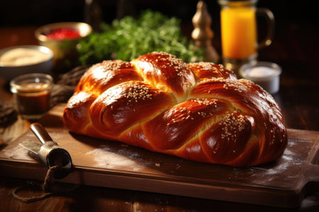 Traditional challah bread for Jewish holidays on a cutting boardの素材