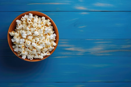 Popcorn in a bowl on a blue wooden backgroundの素材