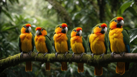 Tropical parrots sitting on a tree branch in the rainforestの素材