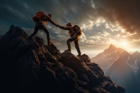 Hikers help each other to reach the top of the mountain rangeの素材