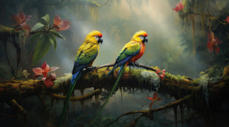 Tropical parrots sitting on a tree branch in the rainforestの素材