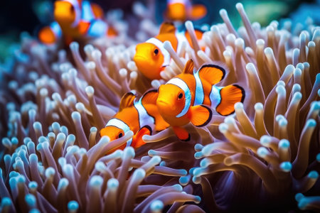Amphiprion ocellaris clownfish and anemone in sea.の素材