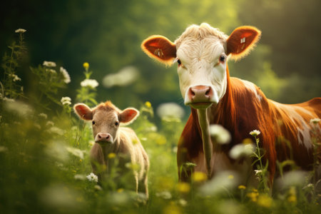 A rural scene with a cow and a calf in a green meadowの素材